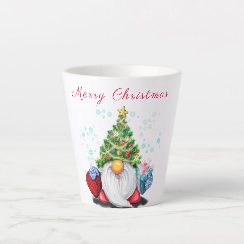 Cute Gnome with Christmas Tree Hat and Gift _ Fun  Latte Mug