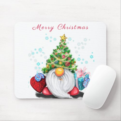 Cute Gnome with Christmas Tree Hat and Gift _ Fun  Mouse Pad