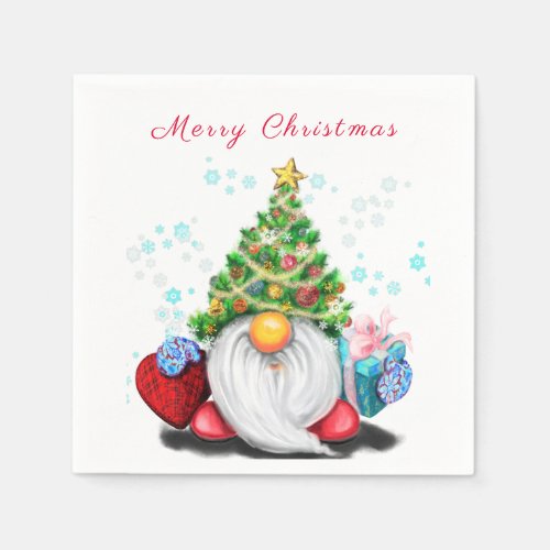 Cute Gnome with Christmas Tree Hat and Gift _ Fun  Napkins