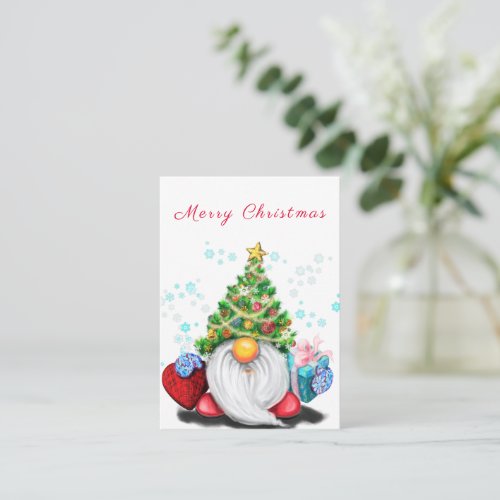 Cute Gnome with Christmas Tree Hat and Gift _ Fun  Note Card