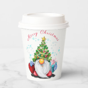 Cute Gnome with Christmas Tree Hat and Gift - Fun  Paper Cups