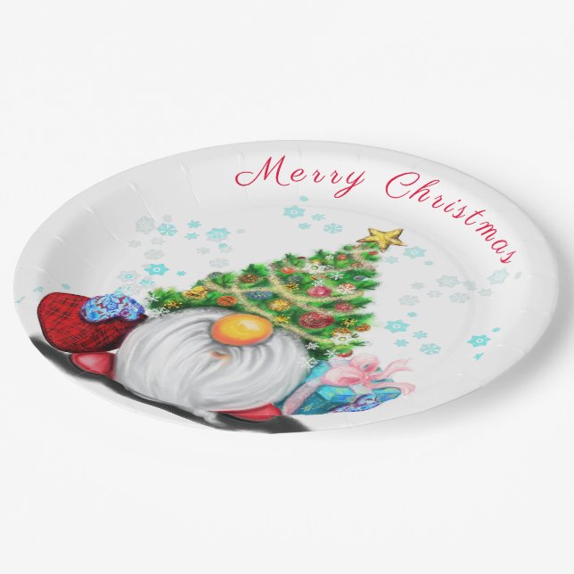 Cute Gnome with Christmas Tree Hat and Gift - Fun  Paper Plates (Angled)