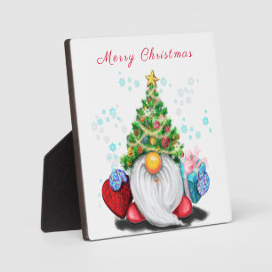 Cute Gnome with Christmas Tree Hat and Gift - Fun Plaque