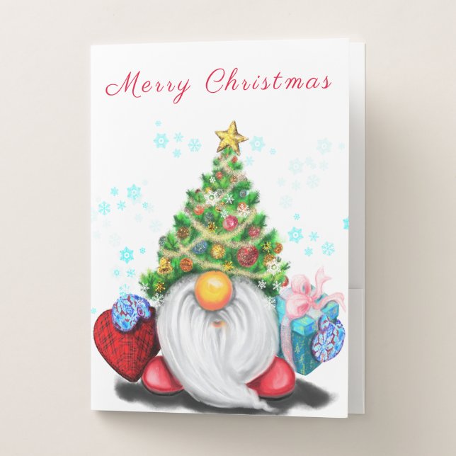 Cute Gnome with Christmas Tree Hat and Gift - Fun  Pocket Folder (Front)