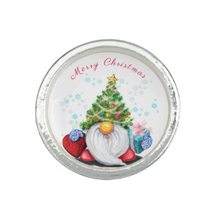 Cute Gnome with Christmas Tree Hat and Gift - Fun  Ring