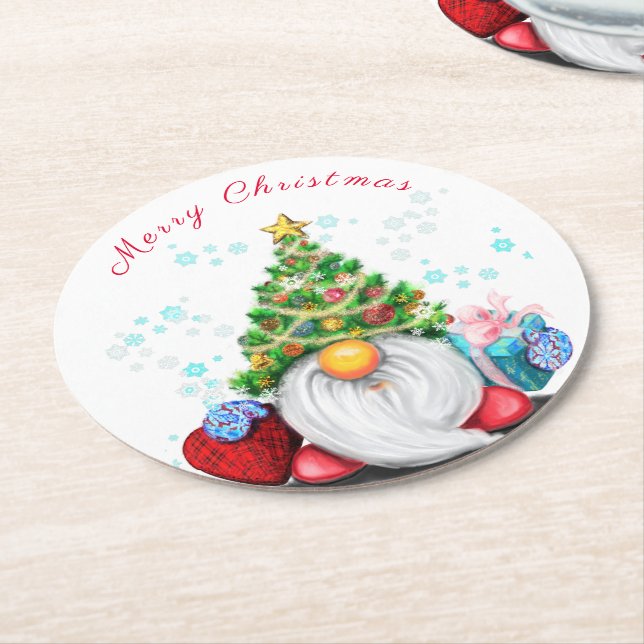 Cute Gnome with Christmas Tree Hat and Gift - Fun  Round Paper Coaster (Angled)
