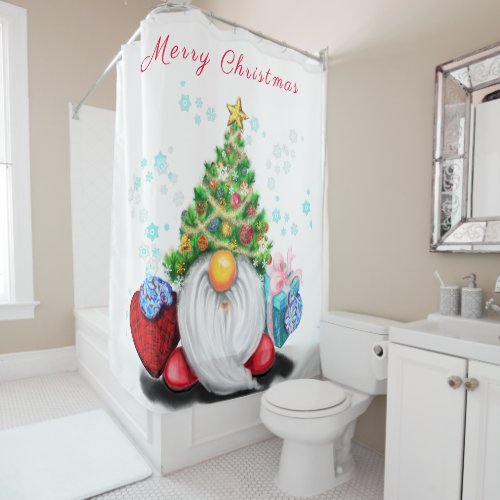 Cute Gnome with Christmas Tree Hat and Gift _ Fun  Shower Curtain