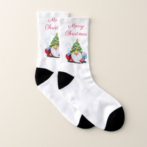 Cute Gnome with Christmas Tree Hat and Gift _ Fun  Socks