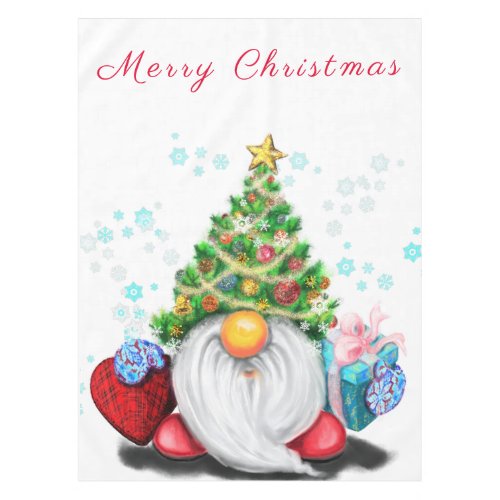 Cute Gnome with Christmas Tree Hat and Gift _ Fun  Tablecloth