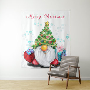 Cute Gnome with Christmas Tree Hat and Gift - Fun Tapestry