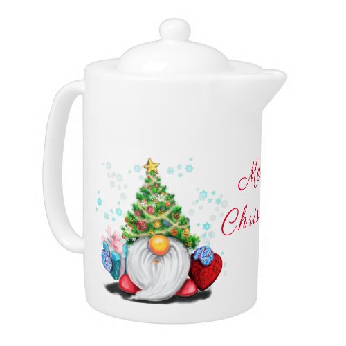 Cute Gnome with Christmas Tree Hat and Gift _ Fun  Teapot