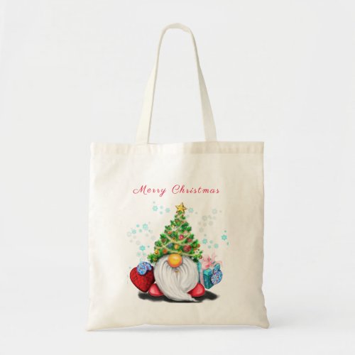 Cute Gnome with Christmas Tree Hat and Gift _ Fun  Tote Bag