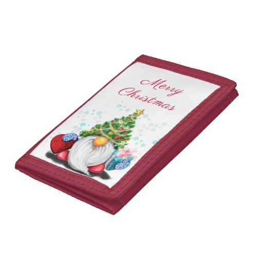 Cute Gnome with Christmas Tree Hat and Gift _ Fun  Trifold Wallet