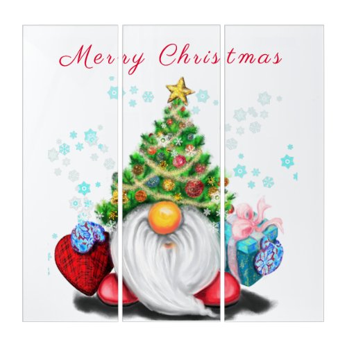 Cute Gnome with Christmas Tree Hat and Gift _ Fun  Triptych