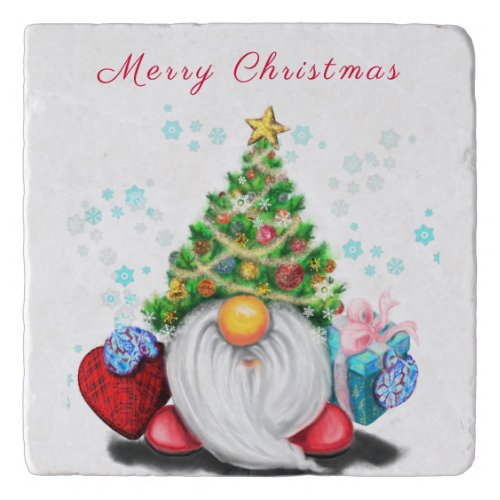 Cute Gnome with Christmas Tree Hat and Gift _ Fun  Trivet