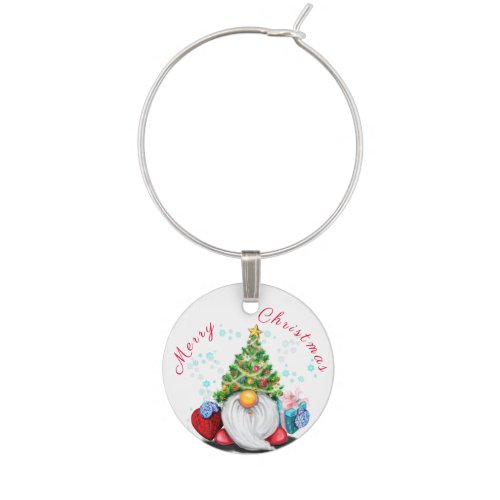 Cute Gnome with Christmas Tree Hat and Gift _ Fun  Wine Charm