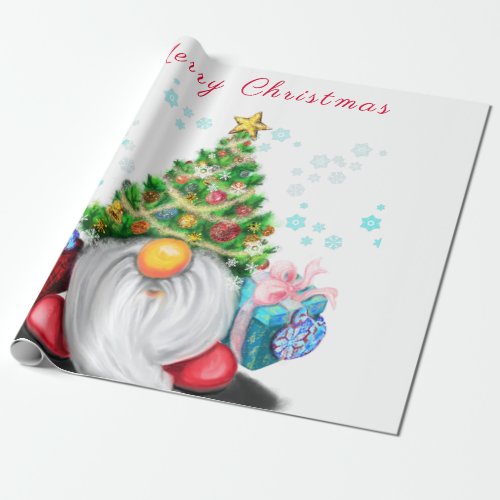 Cute Gnome with Christmas Tree Hat and Gift _ Fun  Wrapping Paper