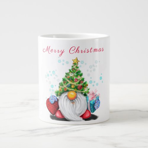 Cute Gnome with Christmas Tree Hat and Gift Giant Coffee Mug
