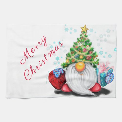 Cute Gnome with Christmas Tree Hat and Gift  Kitchen Towel