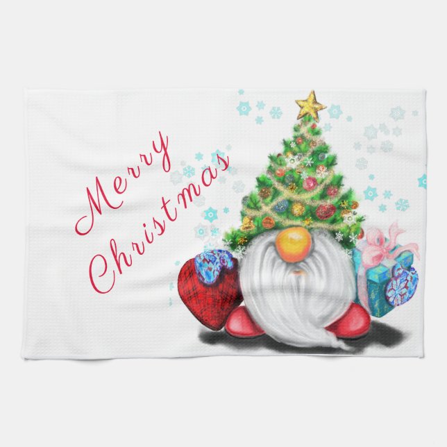 Cute Gnome with Christmas Tree Hat and Gift  Kitchen Towel (Horizontal)