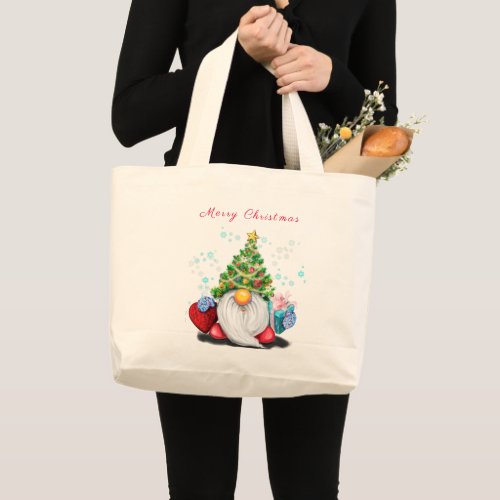 Cute Gnome with Christmas Tree Hat and Gift  Large Tote Bag