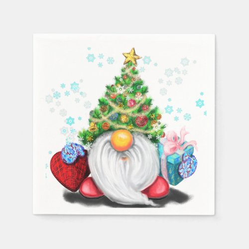 Cute Gnome with Christmas Tree Hat and Gift  Napkins