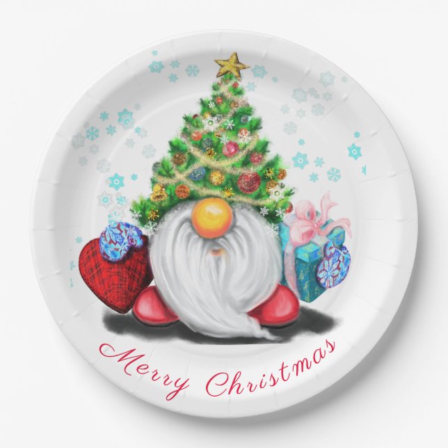 Cute Gnome with Christmas Tree Hat and Gift  Paper Plates (Front)