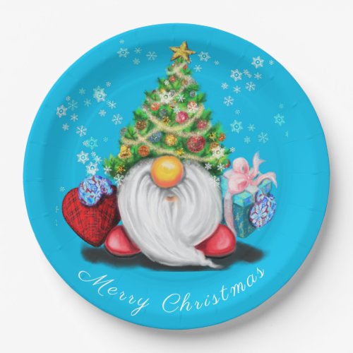 Cute Gnome with Christmas Tree Hat and Gift  Party Paper Plates