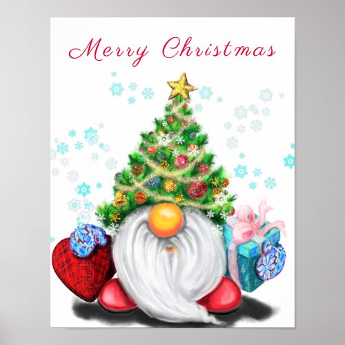 Cute Gnome with Christmas Tree Hat and Gift Poster