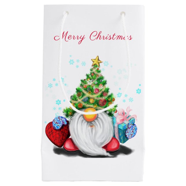 Cute Gnome with Christmas Tree Hat and Gift Small Gift Bag (Front)