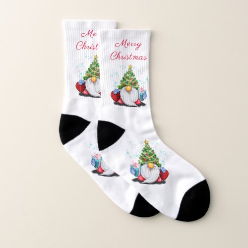Cute Gnome with Christmas Tree Hat and Gift  Socks
