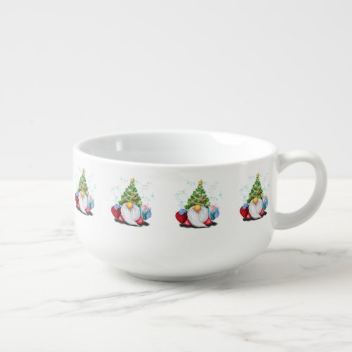 Cute Gnome with Christmas Tree Hat and Gift  Soup Mug