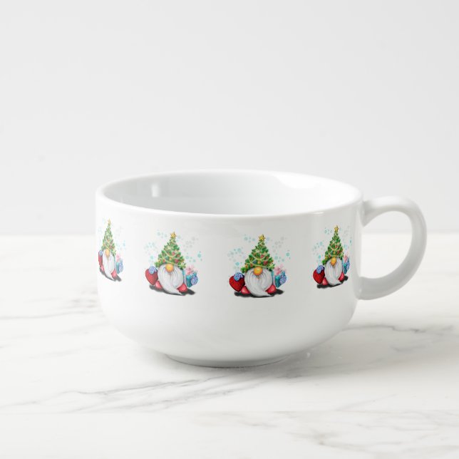 Cute Gnome with Christmas Tree Hat and Gift  Soup Mug (Left)