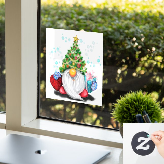 Cute Gnome with Christmas Tree Hat and Gift  Window Cling (Office)