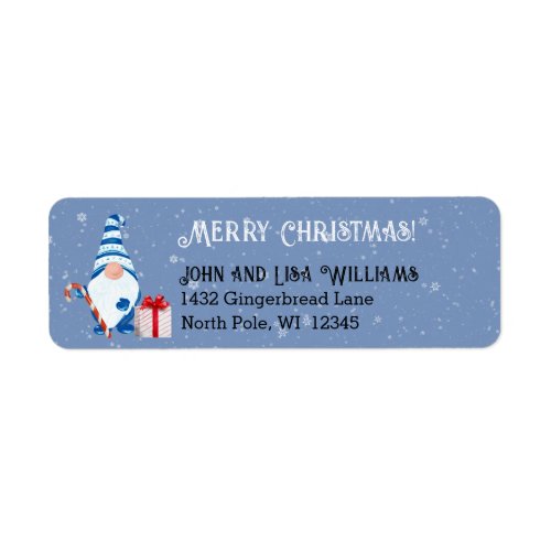 Cute Gnome With Gift Blue Background Snowflakes Label