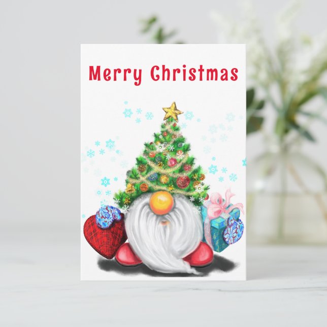 Cute Gnome with Gift Christmas Card (Standing Front)