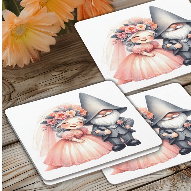 Cute Gnome Woodland Garden Orange Wedding Square Paper Coaster (Creator Uploaded)
