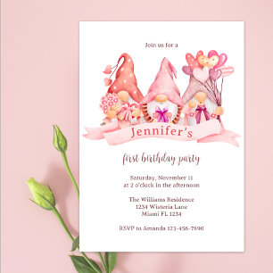 Cute Gnomes Balloons Pink First Birthday Party Invitation