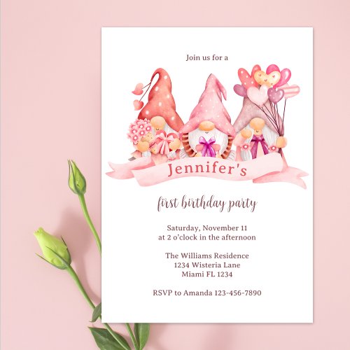 Cute Gnomes Balloons Pink First Birthday Party Invitation