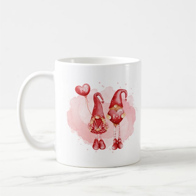 Cute Gnomes Custom Initials Hearts Valentine's Day Coffee Mug (Left)