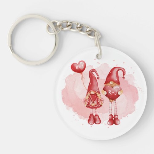 Cute Gnomes Custom Initials Hearts Valentines Day Keychain