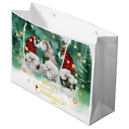 Cute Gnomes Forest Stars Merry Christmas  Large Gift Bag