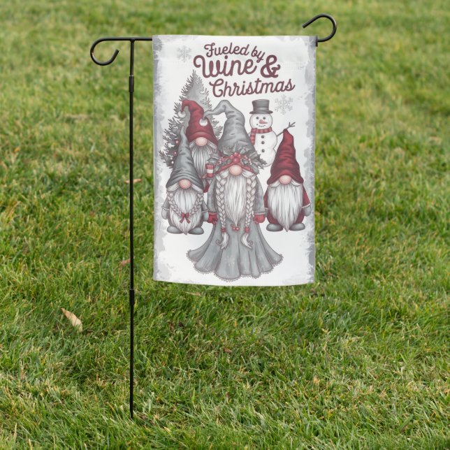 Cute Gnomes Fueled By Wine And Christmas Garden Flag (In SItu)