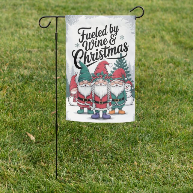 Cute Gnomes Fueled By Wine And Christmas Garden Flag (In SItu)