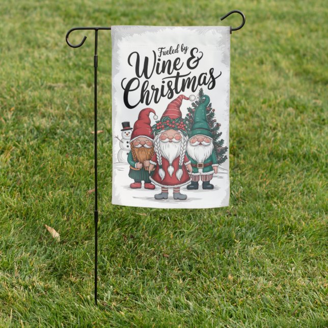 Cute Gnomes Fueled By Wine And Christmas Garden Flag (In SItu)
