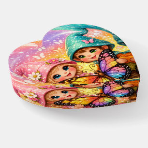 Cute Gnomes  Glass Heart Paperweight
