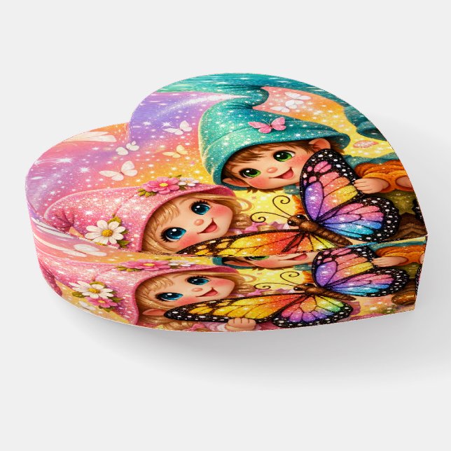 Cute Gnomes  Glass Heart Paperweight (Angled)