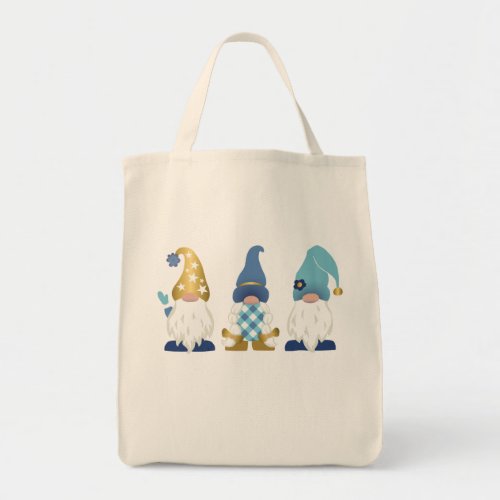 Cute Gnomes Gold Blue White Gingham Tote Bag