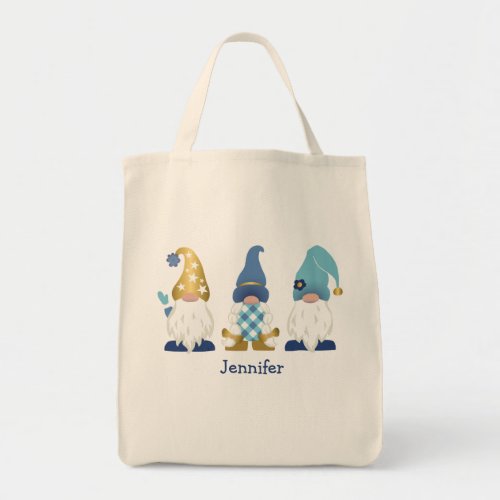 Cute Gnomes Gold Blue White Gingham Tote Bag