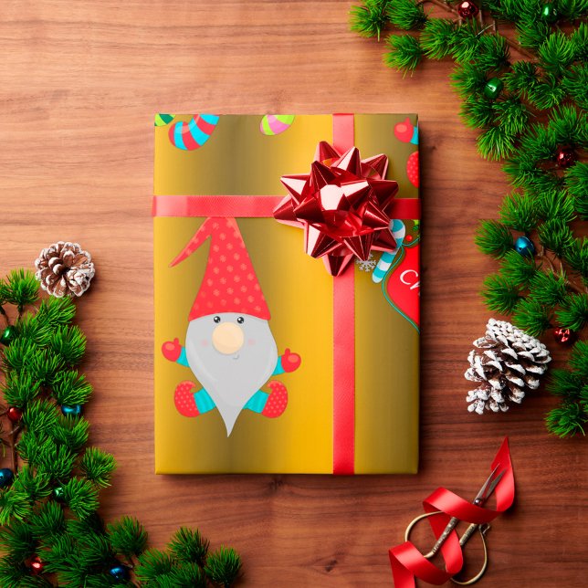 Cute Gnomes Gold Christmas Wrapping Paper (Creator Uploaded)